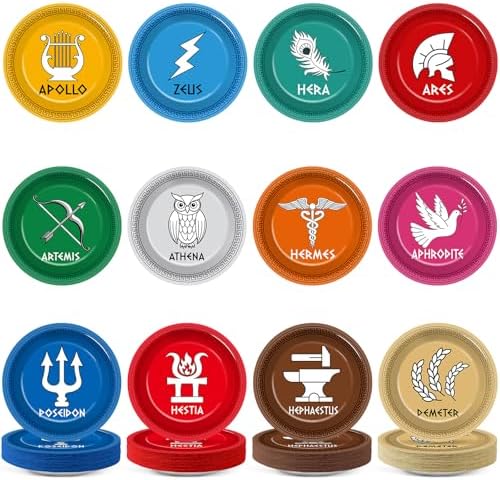 60 Piezas de Suministros para Fiesta de Mitología Griega, Platos de 7 con Símbolos de los Doce Dioses Olímpicos, Decoración Colorida para Cumpleaños - imagen 1