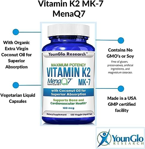 YounGlo Research Vitamina K2 MK7 (MenaQ7) 100 mcg con Aceite de Coco, 120 Cápsulas Líquidas Veganas para Hombres y Mujeres, Salud Ósea y Absorción - imagen 2
