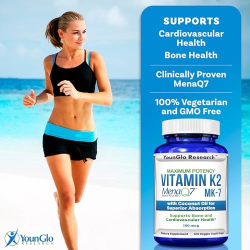 YounGlo Research Vitamina K2 MK7 (MenaQ7) 100 mcg con Aceite de Coco, 120 Cápsulas Líquidas Veganas para Hombres y Mujeres, Salud Ósea y Absorción - imagen 3