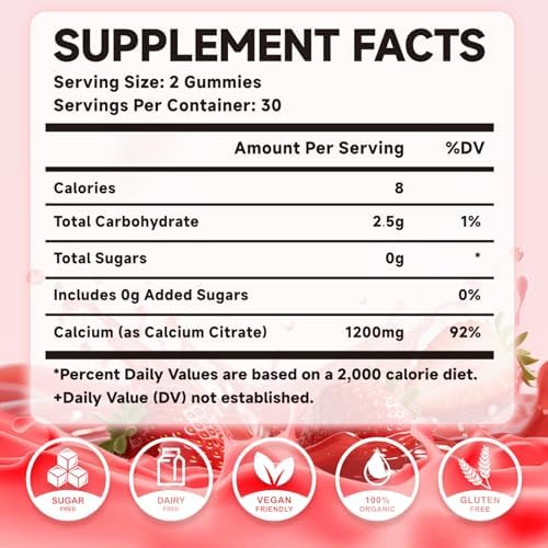 Gomitas de Citrato de Calcio 1200mg - Suplemento Vegano para Hombres y Mujeres, Apoya la Salud Ósea y Muscular, Sabor Fresa, 60 Unidades - imagen 2