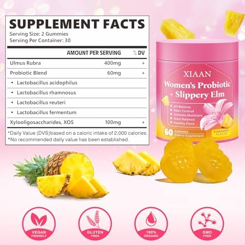 Gomitas Probioticas XIAAN para Mujeres con Olmo Resbaladizo, Apoyo a pH y Sistema Inmunológico, Sin Azúcar, Veganas, Sabor Piña, 60 Piezas - imagen 2