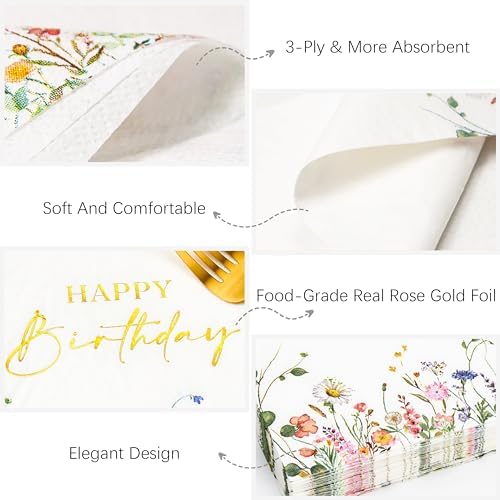 Servilletas desechables Crisky de 3 capas con 50 piezas, flores silvestres y foil dorado para decoración de cumpleaños - imagen 2
