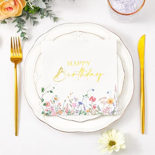 Servilletas desechables Crisky de 3 capas con 50 piezas, flores silvestres y foil dorado para decoración de cumpleaños - imagen 3