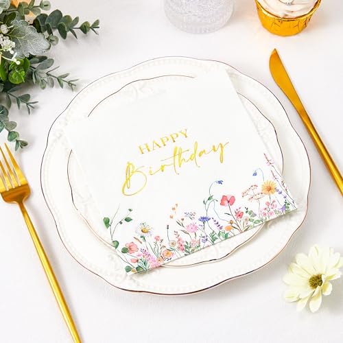 Servilletas desechables Crisky de 3 capas con 50 piezas, flores silvestres y foil dorado para decoración de cumpleaños - imagen 4