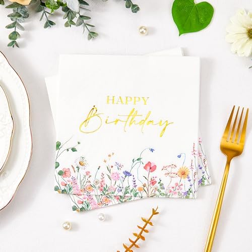Servilletas desechables Crisky de 3 capas con 50 piezas, flores silvestres y foil dorado para decoración de cumpleaños - imagen 5