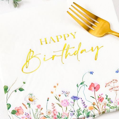 Servilletas desechables Crisky de 3 capas con 50 piezas, flores silvestres y foil dorado para decoración de cumpleaños - imagen 6