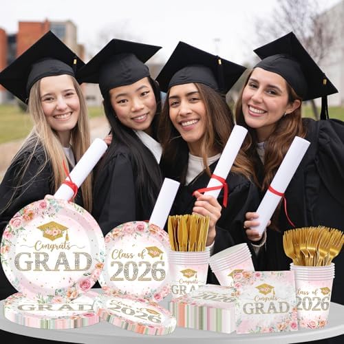 Suministros para Fiesta de Graduación Clase 2026, Decoraciones Florales Rosadas, Platos, Servilletas y Vasos para Fiesta de Graduación de Chica, - imagen 2