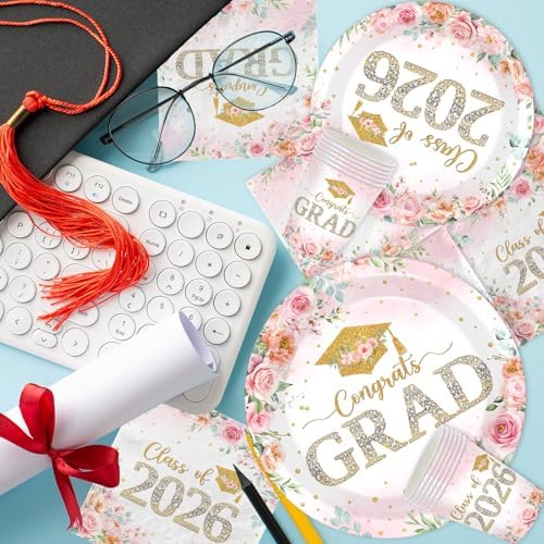 Suministros para Fiesta de Graduación Clase 2026, Decoraciones Florales Rosadas, Platos, Servilletas y Vasos para Fiesta de Graduación de Chica, - imagen 3