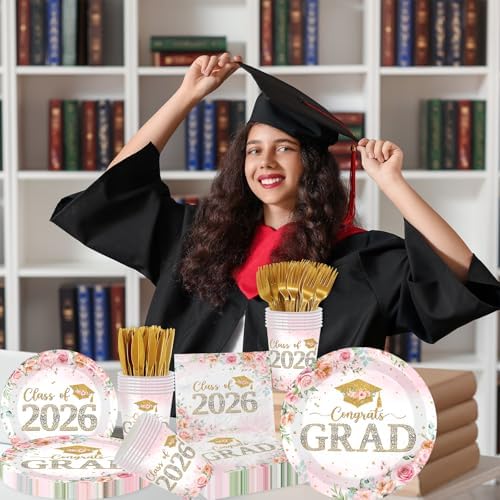 Suministros para Fiesta de Graduación Clase 2026, Decoraciones Florales Rosadas, Platos, Servilletas y Vasos para Fiesta de Graduación de Chica, - imagen 4