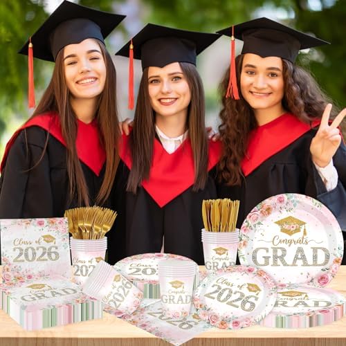 Suministros para Fiesta de Graduación Clase 2026, Decoraciones Florales Rosadas, Platos, Servilletas y Vasos para Fiesta de Graduación de Chica, - imagen 5