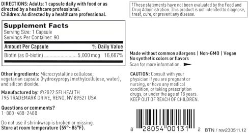 Klaire Labs SFI Health 5000mcg de Biotina - Suplemento de Biotina de Alta Potencia - Vitaminas para Piel y Cabello - Cápsulas Hipoalergénicas y - imagen 5