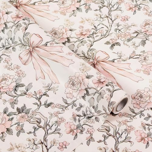 Papel de Regalo Ywdbzjhs Mini Roll de 1 Rollo con Lazos y Flores Rosas - 17 Pulgadas x 33 Pies - Ideal para San Valentín, Cumpleaños y Bodas - imagen 1