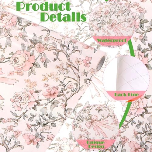 Papel de Regalo Ywdbzjhs Mini Roll de 1 Rollo con Lazos y Flores Rosas - 17 Pulgadas x 33 Pies - Ideal para San Valentín, Cumpleaños y Bodas - imagen 2