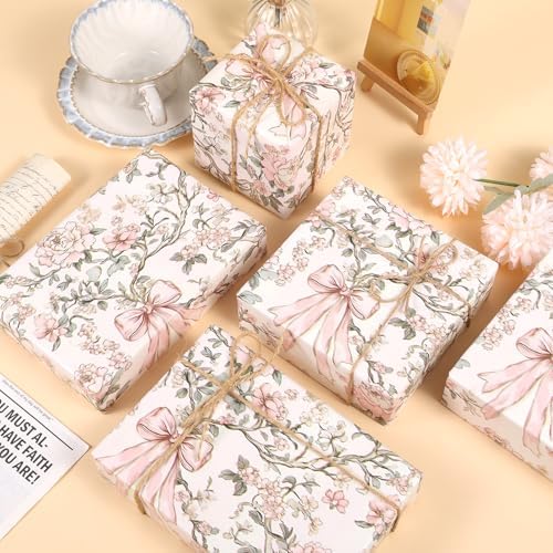 Papel de Regalo Ywdbzjhs Mini Roll de 1 Rollo con Lazos y Flores Rosas - 17 Pulgadas x 33 Pies - Ideal para San Valentín, Cumpleaños y Bodas - imagen 4