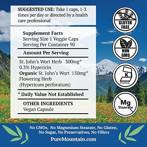 Cápsulas de Hierba de San Juan Pure Mountain Botanicals - 450mg - Extracto Orgánico Estandarizado al 3% de Hipericina - 90 Cápsulas - Suplemento para - imagen 2