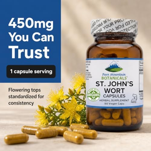 Cápsulas de Hierba de San Juan Pure Mountain Botanicals - 450mg - Extracto Orgánico Estandarizado al 3% de Hipericina - 90 Cápsulas - Suplemento para - imagen 3