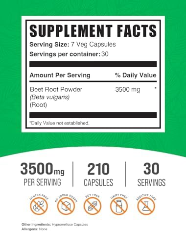Cápsulas de Raíz de Remolacha BulkSupplements.com - Suplemento Vegano, Sin Gluten, 7 Cápsulas por Porción, 210 Cápsulas Vegetales (Paquete de 1) - imagen 2