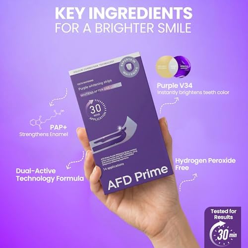 Tiras Blanqueadoras AFD Purple para Manchas de Café y Dientes Amarillos, Sin Peróxido, 14 Tratamientos (28 Tiras), Blanqueo en Casa de 30 Minutos - imagen 3