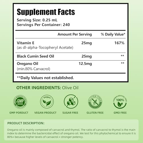 Gotas de Aceite de Orégano Orgánico | Aceite de Orégano con Aceite de Semilla Negra, Infusionado con Vitamina E, 80% Carvacrol para Apoyo - imagen 3
