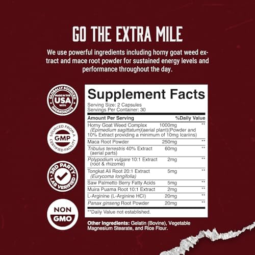 Complejo de Hierba de Cabra Apasionada - Pastillas para Mejora Masculina y Aumento Natural de Testosterona para Hombres, Suplementos Pre - imagen 3