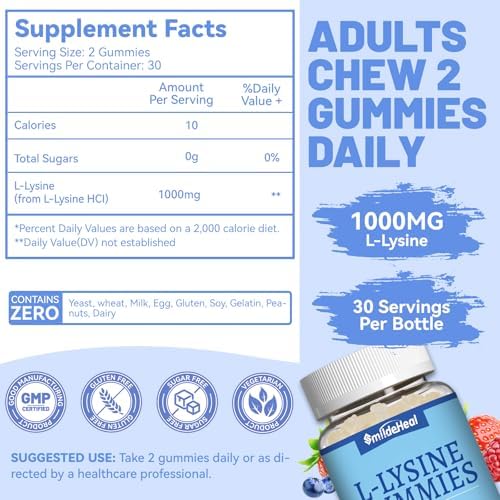 SmildeHeal 2 Paquetes de Gomas de L-Lisina 1000mg, Suplemento Vegano para Adultos, Apoyo Inmunológico y Formación de Colágeno - 120 Gomas - imagen 4