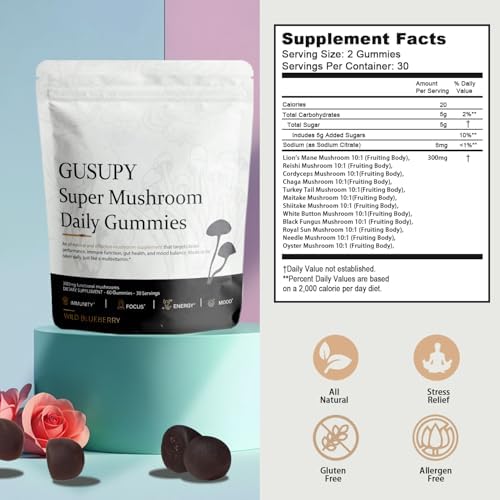 Gomitas de Hongo Melena de León - Suplemento Orgánico de 12 Hongos con Cordyceps, Reishi, Chaga, Sabor a Arándano, 60 Gomitas para Energía y Salud - imagen 3