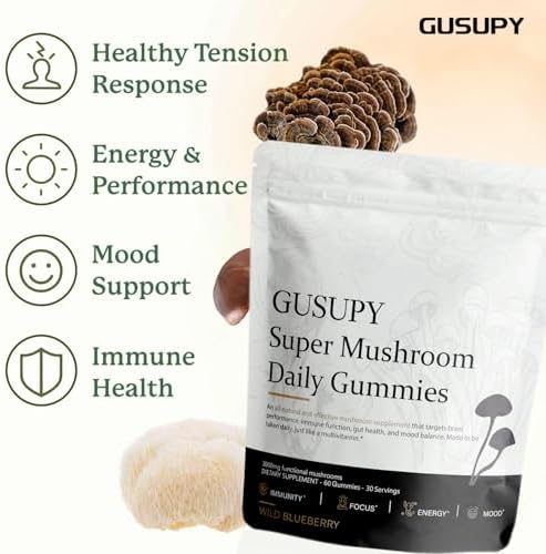 Gomitas de Hongo Melena de León - Suplemento Orgánico de 12 Hongos con Cordyceps, Reishi, Chaga, Sabor a Arándano, 60 Gomitas para Energía y Salud - imagen 4