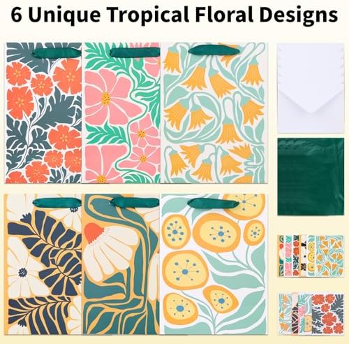 Paquete de 6 Bolsas de Regalo Medianas con Papel de Seda y Tarjetas - Bolsas Tropicales Florales en Verde Salvia para Mujeres, Cumpleaños, Baby - imagen 2