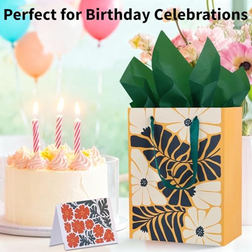 Paquete de 6 Bolsas de Regalo Medianas con Papel de Seda y Tarjetas - Bolsas Tropicales Florales en Verde Salvia para Mujeres, Cumpleaños, Baby - imagen 3