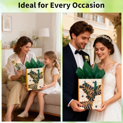 Paquete de 6 Bolsas de Regalo Medianas con Papel de Seda y Tarjetas - Bolsas Tropicales Florales en Verde Salvia para Mujeres, Cumpleaños, Baby - imagen 4