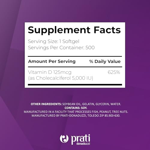 Suplemento Diario Extra Fuerte Prati Donaduzzi Vitamina D3 5,000 IU (125 mcg) 500 Cápsulas Blandas – Apoyo para Huesos y Dientes - imagen 5