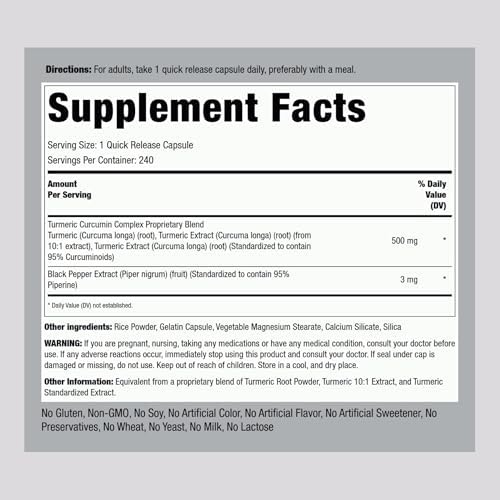 Suplemento de Cúrcuma Curcumina Piping Rock | 240 Cápsulas | Con Extracto de Pimienta Negra | Complejo Estandarizado | Sin OGM, Libre de Gluten - imagen 2