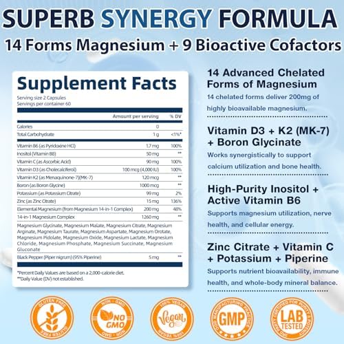 Complejo de Citrato de Magnesio Ultra con Zinc y Potasio 99 mg, Vitamina D3 4000 IU, K2 MK-7 120 mcg, C, B6, Inositol y Boro, 14 Formas de Magnesio - imagen 3