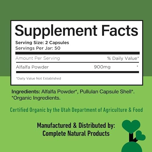 Complete Natural Products Hoja de Alfalfa Pura - 100 Cápsulas - 450mg de Polvo Orgánico de Hoja de Alfalfa en Cápsulas Veganas - imagen 6