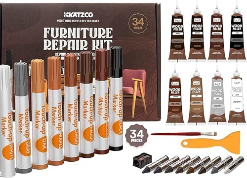 Kit de Reparación de Madera Katzco de 34 Marcadores - Marcadores para Rayones y Ceras con Sacapuntas - Ideal para Muebles, Pisos, Mesas y Más - imagen 1