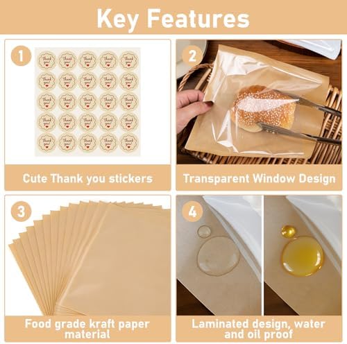 Paquete de 160 Bolsas para Galletas con Sello, 7.5 x 7.1 Pulgadas, Bolsas para Repostería con Ventana, Resistentes a Grasas, Perfectas para Galletas, - imagen 3