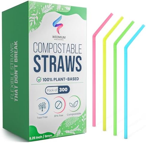 Popotes Compostables Weemium Desechables [300 Piezas] 8.25 | 100% Plástico a Base de Plantas, Biodegradables y Flexibles | Alternativa Ideal a los - imagen 1