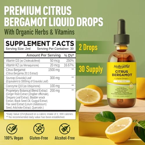 Gotas Líquidas de Bergamota Cítrica HOLLEGEND, Suplemento Orgánico 1000mg con Soursop, CoQ10, Vitamina D3 y K2, Sabor a Limón, 2 Fl Oz - imagen 2