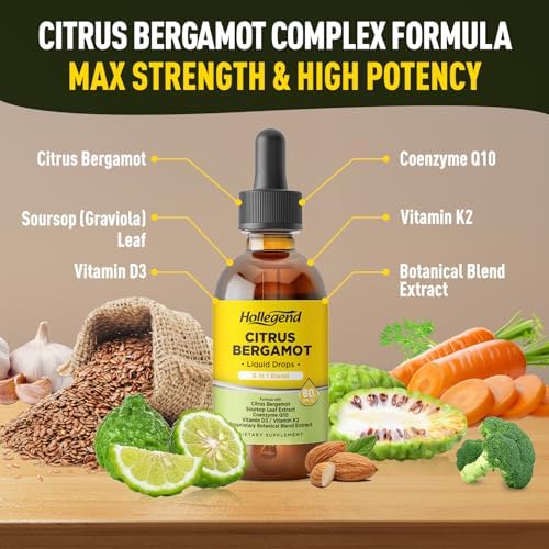 Gotas Líquidas de Bergamota Cítrica HOLLEGEND, Suplemento Orgánico 1000mg con Soursop, CoQ10, Vitamina D3 y K2, Sabor a Limón, 2 Fl Oz - imagen 3