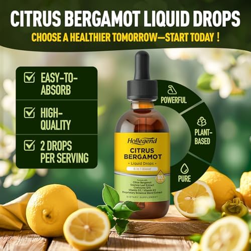 Gotas Líquidas de Bergamota Cítrica HOLLEGEND, Suplemento Orgánico 1000mg con Soursop, CoQ10, Vitamina D3 y K2, Sabor a Limón, 2 Fl Oz - imagen 7