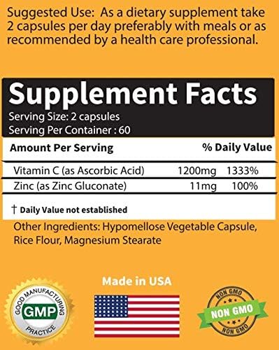 RaeSun Botanics Complejo de Vitamina C + Zinc Alta Dosis 1200mg para Soporte Inmunológico, 120 Cápsulas Veganas, Sin Gluten, No OGM, Suministro de 2 - imagen 5