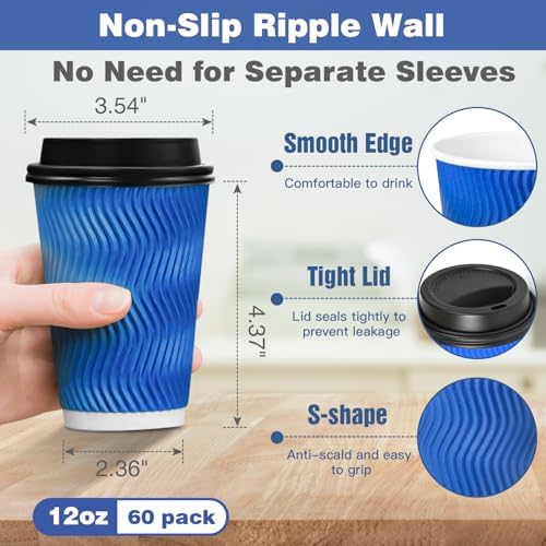 Ginkgo 60 Tazas Desechables de 12 oz con Tapa, Tazas de Papel Aisladas de Doble Pared, Resistentes a Filtraciones para Bebidas Calientes - imagen 2