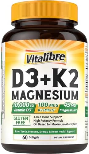 Suplemento de Vitamina D3 K2 + Magnesio Vitalibre, 10000 UI de Vitamina D3 y 100 mcg de K2, con Glicinato de Magnesio, Apoyo para Huesos, Dientes, - imagen 1