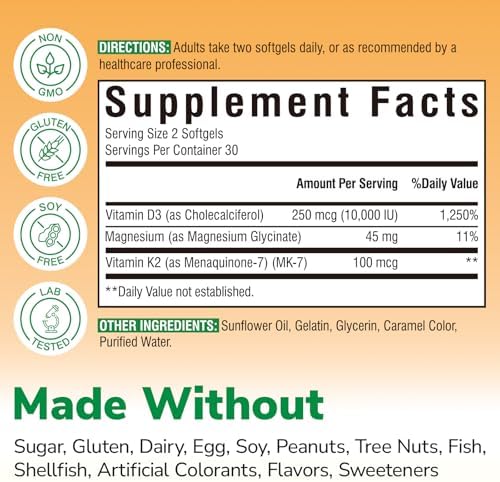 Suplemento de Vitamina D3 K2 + Magnesio Vitalibre, 10000 UI de Vitamina D3 y 100 mcg de K2, con Glicinato de Magnesio, Apoyo para Huesos, Dientes, - imagen 2