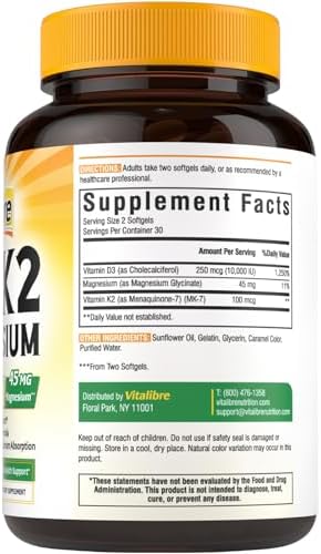 Suplemento de Vitamina D3 K2 + Magnesio Vitalibre, 10000 UI de Vitamina D3 y 100 mcg de K2, con Glicinato de Magnesio, Apoyo para Huesos, Dientes, - imagen 8