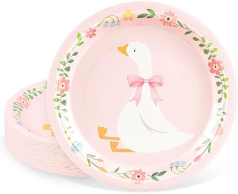 Platos Desechables FYSUIMU Silly Goose de 9 Pulgadas con Diseño Floral y Lazo Rosa, 40 Piezas para Fiestas de Cumpleaños y Baby Shower - imagen 1