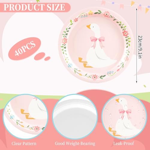 Platos Desechables FYSUIMU Silly Goose de 9 Pulgadas con Diseño Floral y Lazo Rosa, 40 Piezas para Fiestas de Cumpleaños y Baby Shower - imagen 2