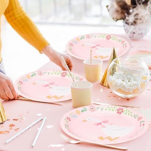 Platos Desechables FYSUIMU Silly Goose de 9 Pulgadas con Diseño Floral y Lazo Rosa, 40 Piezas para Fiestas de Cumpleaños y Baby Shower - imagen 4