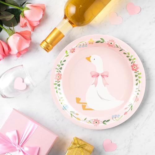 Platos Desechables FYSUIMU Silly Goose de 9 Pulgadas con Diseño Floral y Lazo Rosa, 40 Piezas para Fiestas de Cumpleaños y Baby Shower - imagen 6