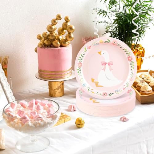 Platos Desechables FYSUIMU Silly Goose de 9 Pulgadas con Diseño Floral y Lazo Rosa, 40 Piezas para Fiestas de Cumpleaños y Baby Shower - imagen 7